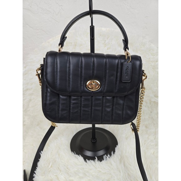COACH Black Leather Quilted Marlie top handle Convertible Shoulder Bag Crossbody - Picture 1 of 6